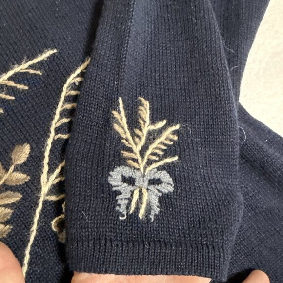 Koret Cardigan Sweater Large With Embroidered Flowers Navy Blue ￼ - Picture 2 of 8